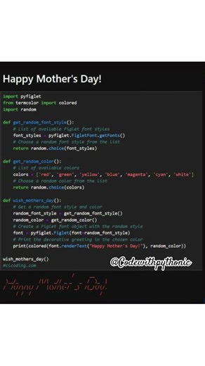 Create a colorful, random font Mother's Day greeting using Python! 🎨👩‍💻 #MothersDay #PythonCode