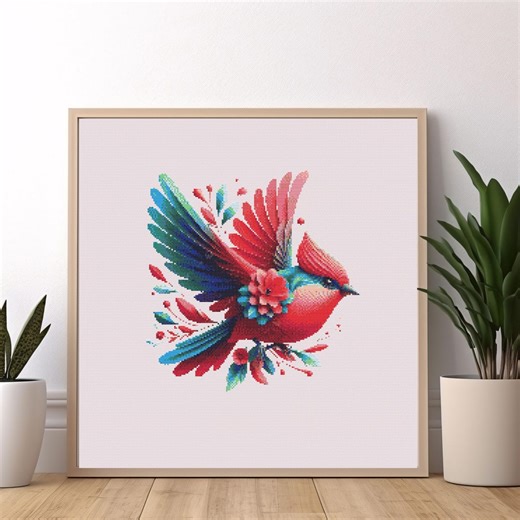 Colorful Bird Cross Stitch Pattern, Floral Embroidery Design, Vibrant Animal Art, Modern Wall Decor DIY Craft Gift