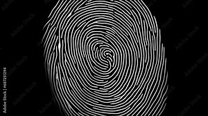 Glowing fingerprint on a black background. Animation with zoom and rotation effects. Concept of modern technology and personal identification. AI generated content. High quality 4k footage