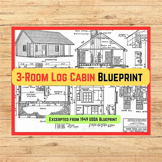 3-room Log Cabin Blueprint Plans (PDF Instant Download, 1-page Blueprint, From 1949 USDA Publication) - Etsy