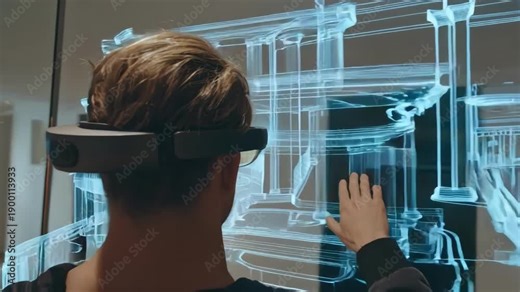 Medium shot capturing a person navigating through a virtual walkthrough of a building design using AR glasses for realistic spatial understanding.