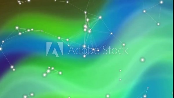 Abstract green and blue flowing waves with a luminous digital network overlay representing connectivity and data flow