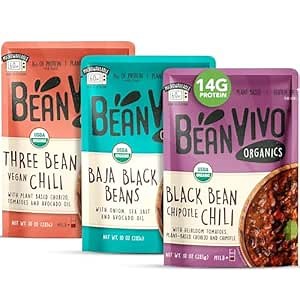 BeanVIVO - Variety 3 Pack (10 oz each) - Organic Baja Black Beans, Three Bean Vegan Chili, Black Beans Chipotle Chili - Seasoned & Ready to Eat, Plant Protein, Vegan, Gluten Free, Microwaveable, Instant Meals