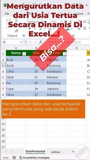 Cara Mudah Sort Data Usia dari Tertua ke Termuda di Excel #shorts #sortexcel