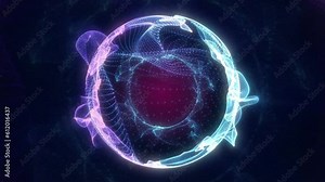 Motion Sphere grid. Animation globe. Digital futuristic background. A sphere of particles with purple and blue animation.