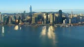 Aerial view of the San Francisco Ferry building with its clock tower....