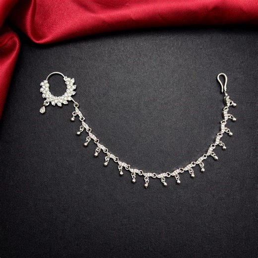 Silver Bridal Nath With Chain, CZ Nose Ring, Indian Wedding Jewelry - Etsy