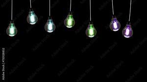 Light Bulb Handing And Moving And Turning On Off Animation On Black Background. Glowing Bright Light Bulb Animation On Black Background. Lots Of Light Bulb Switching On Off And Color Changing, Light B