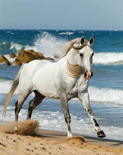 White thunder on the shoreline runs, Mane like silver in the sun, Hooves kiss sand and battle foam, Wild and free — the sea, its home. Wind sings soft, the waves reply, Grace in motion racing by. | The Equestrian Network