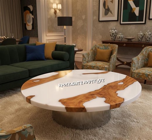 Round Live Edge Wood and White Resin Coffee Table – Natural Slab Centerpiece - Etsy