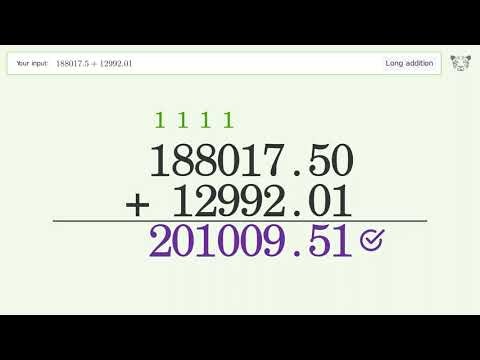 Long addition: Solve 188017.50+12992.01 step-by-step solution