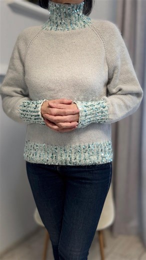 Hand-knit Mint Angora Sweater With Sequin High Neck
