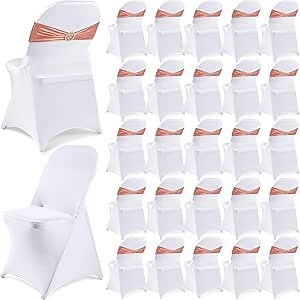 Preboun 50 Pack White Folding Chair Cover Set with 25 Spandex Chair Slipcovers 25 Sequin Chair Sashes Bow Washable Chair Protector Chair Cover for Party Wedding Banquet Event(White, Rose Gold)