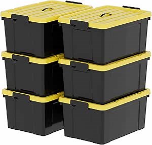 95Qt*6 Plastic Storage Bins, Tote Storage Box with Handle, Stackable, Black and Yellow, 95Quart-6 Pack