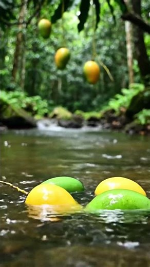 Nature's Delivery: Fresh Mangoes Falling into a Stream 🥭💦 Would you try one? 🥭😋 #mango #watersounds
