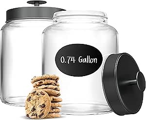 KooK Glass Kitchen Canister Set, Food & Storage Containers for Pantry, Bathroom Apothecary Jars, Tinplate Lids, Counter Organizers, 0.74 Gallon, Black, Set of 2