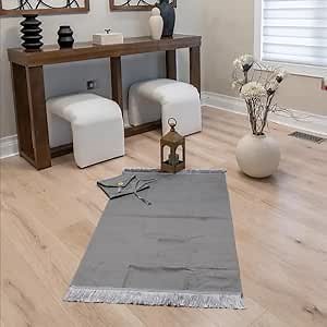 MODERN WALL ART Ramadan Muslim Prayer Mat for Womens with Prayer Beads and Pouch | Simple - Light-Weight Travel Janamaz Islamic Velvet Praying Rug, Grey, 40 x 26 inch