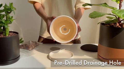 D'vine Dev 10 Inch Ceramic Planter Pot with Drainage Hole and Saucer, Indoor Cylinder Round Planter Pot, Black, 94-O-E-2