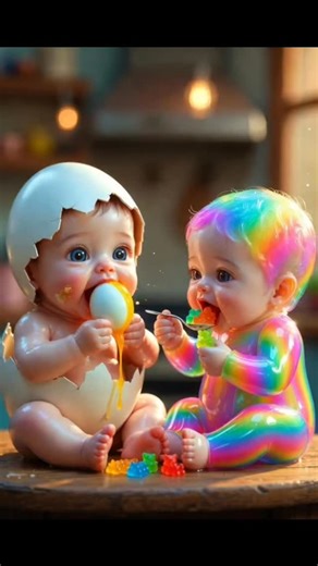 Mr baby Fruit on Instagram: "Two ultra-cute chubby babies sitting face to face on a rustic old wooden table, ultra-realistic 8k, extremely detailed, cinematic soft lighting, warm cozy atmosphere, golden hour glow Baby 1: adorable newborn-style baby hatched from a cracked giant white eggshell, wearing only the broken eggshell as a funny hat, smooth glossy porcelain-like skin, big sparkling curious eyes, happily eating a soft-boiled egg with a tiny silver spoon, yolk dripping slowly, very satisfyi