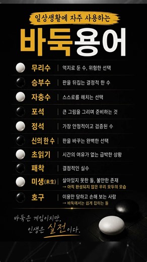 #바둑 #바둑용어 #미생 #신의한수 #무리수 #승부수 #자충수 #포석 #정석 #인생명언 #인생글귀 #쇼츠 #shorts #인생 #공감글 #초읽기 #패착 #호구 #한국어 #상식