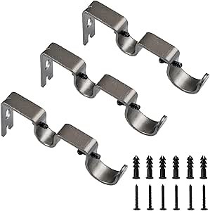 Double Curtain Rod Brackets, Fits Up to 1 5/8 Inch Rods, Heavy Duty Metal, Wall Mount, Pewter