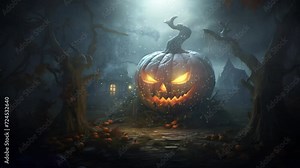 Haunted Halloween Landscape: Scary Jack-O-Lantern, Gravestones, and Old Gothic Building Amidst Foggy Moonlit Nights and Eerie Autumn Scenes