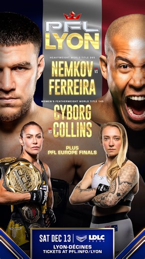 The countdown to Cris Cyborg Justino return is on 🔜⏳ Cris Cyborg returns on Saturday, December 13th against Sara Collins in her first fight in France as the PFL Women's Featherweight World Title is on the line! #PFLLyon | Sat Dec 13th | LDLC Arena, Lyon 🎟️ ON SALE NOW! pfl.info/lyon | PFL MMA