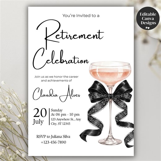 Retirement Celebration Invitation, Text Editable Champagne Invite Canva Template, Invite for Him or Her,retirement Dinner Party,pdf Download - Etsy
