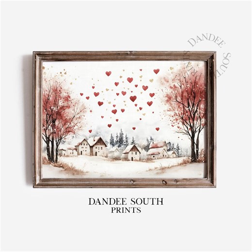 Valentine Village Printable Wall Art, Vintage Valentine Digital Art, Winter Town Digital Art, Romantic Red Hearts, Digital Download, 841 - Etsy