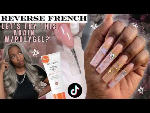 Reverse French Polygel Nails With Rhinestones & Studs