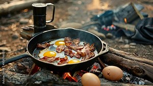Campfire Feast: Savoring a hearty breakfast of sizzling bacon and eggs cooked to perfection in a cast iron skillet over a crackling campfire.