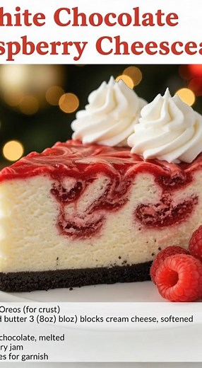 ✨ Ingredients: For the crust: 2 cups crushed Oreos (with filling) 1/4 cup melted butter For the cheesecake filling: 3 (8 oz) blocks cream cheese, softened 1 cup sugar 3 large eggs 1 teaspoon vanilla extract 6 oz white chocolate, melted and cooled slightly 1/2 cup raspberry jam or preserves (seedless preferred) Fresh raspberries for garnish 🧁 Instructions: 1. Prepare the crust: Preheat oven to 325°F (163°C). Mix crushed Oreos with melted butter until evenly combined. Press firmly into the bottom