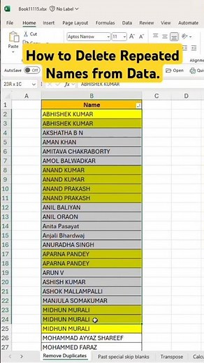 How to Delete Repeated Names #excel #excelformula #exceltricks #exceltip #googlesheets