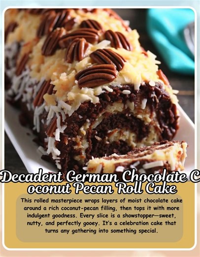 Decadent German Chocolate Coconut Pecan Roll Cake 🍫🥥🌰 Ingredients: For the Cake: 3/4 cup all-purpose flour 1/4 cup cocoa powder 1 tsp baking powder 1/4 tsp salt 4 large eggs 3/4 cup granulated sugar 1/4 cup whole milk 1 tsp vanilla extract For the Coconut Pecan Filling & Topping: 1 cup evaporated milk 1 cup granulated sugar 3 large egg yolks, lightly beaten 1/2 cup unsalted butter 1 tsp vanilla extract 1 1/3 cups sweetened shredded coconut (lightly toasted) 1 cup chopped pecans (plus extra ha