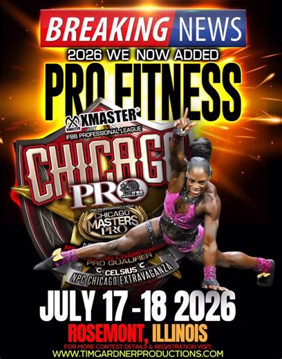 Tim Gardner on Instagram: "💥PRO FITNESS IS BACK‼️ The 15th EDITION of the IFBB Professional League XMaster Chicago PRO, Chicago Masters PRO & NPC Celsius Chicago Extravaganza National Qualifier. 💥7.17-18 Chicago Open Fitness, Open PRO Open Women’s Physique, Open Wellness, Open Figure, Open Classic Physique, Open 212 Men’s Bodybuilding, Open Bikini & Open Men’s Physique. Masters PRO Over 70, 60, 55, 50, 45 & 40 Men’s Bodybuilding, Masters PRO Over 40 212 Men’s Bodybuilding, Masters PRO Over 60,