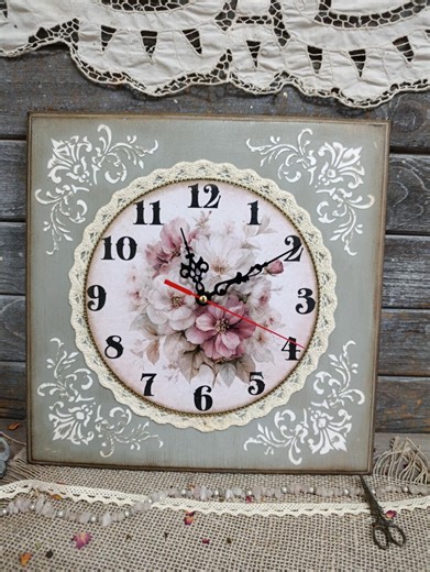 Shabby Chic Wall Clock With Floral Design, Handmade Provence Style Clock, Vintage Cottage Home Decor, Square Wooden Wall Clock - Etsy