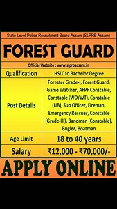 Forest Guard Recruitment 2026 Post Details : Forester Grade-I, Forest Guard, Game Watcher, AFPF Constable, Constable (WO/WT), Constable (UB), Sub Officer, Fireman, Emergency Rescuer, Constable (Grade-III), Bandman (Constable), Bugler, Boatman Salary : ₹12,000 - ₹70,000/- #forest #jobs #recruitment | Government Jobs
