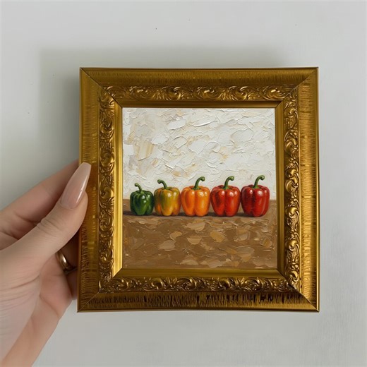 Colorful Peppers Oil Painting, Kitchen Wall Decor 4 X4 Small Framed Canvas Artwork - Etsy