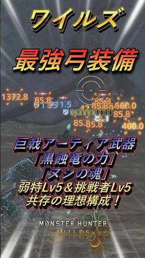 【理想の最強弓装備】巨戟アーティア武器「黒蝕竜の力」×「ヌシの魂」で組める弱特Lv5＆挑戦者Lv5が共存装備が強い！【モンスターハンターワイルズ/MHWilds】#モンハンワイルズ #shorts