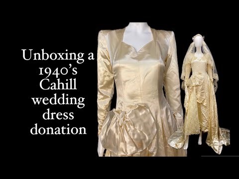 Unboxing a donated 1940’s Cahill California satin dress and headpiece/ veil.