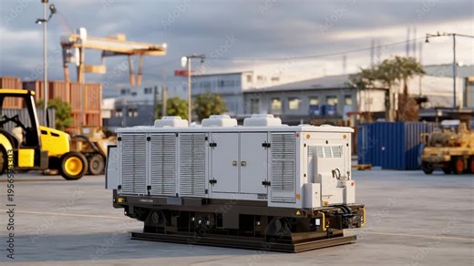 220Ultra-detailed diesel backup generator in an outdoor industrial yard, metallic body with vents and cooling fans, connected to heavy-duty power lines, industrial warehouses and mach