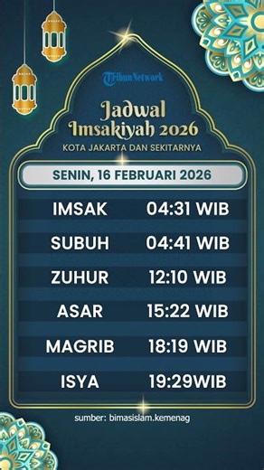 Jadwal Imsakiyah Kota Jakarta Senin 16 Februari 2026, Lengkap dengan Jadwal Sholat