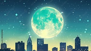 Urban Night Scene Featuring Full Moon Light in Cartoon Animation Style with Flat Design and Modern City Background