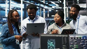 Smiling server hub engineers collaborating, using AI algorithms and node tree systems to categorize unstructured data. Colleagues use visual programming and natural language processing tools, camera B