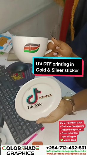 Introducing UV DTF printing in Kenya. Introducing UV DTF Gold stickers. Introducing UV DTF Silver Sticker. The perfect variety in the UV DTF printing industry in Africa. We deliver the best UV DTF transfer stickers to the world, the only one available in East Africa, the UV DTF printing machine masters. Now available is UV DTF sticker in Gold and UV DTF sticker in silver apart from the usual white. UV DTF transfer stickers can be applied to all hard surfaces such as tiles, ceramics, plastics, le