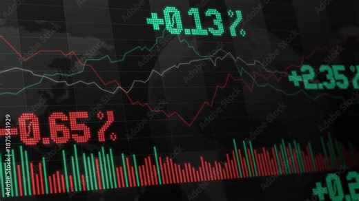 Abstract cryptocurrency market dashboard red green price charts, falling and rising trend lines, candlestick indicators, volume bars and digital percentage values, bitcoin exchange blockchain trading
