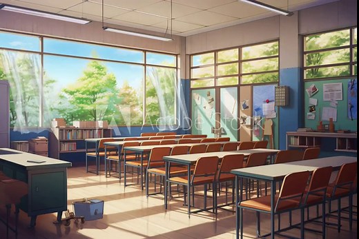 school classroom interior in anime illustration style, 4K animated background