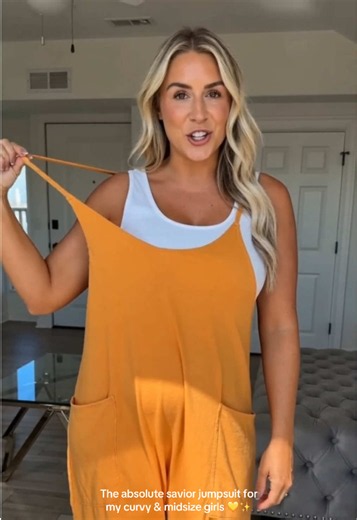 Searching for that dreamiest slouchy jumpsuit that disguises the tummy area with zero cling? 💛 This mustard yellow piece gives you total effortless comfort. Tap below to shop 👇 #fashiontiktok #ootd #curvyfashion #plussizefinds #comfyfit