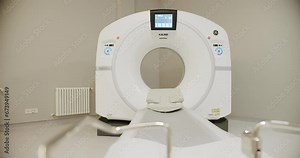 Computed tomography machine in hospital. Magnetic resonance imaging scan device. Medical laboratory with high-tech equipment. X - ray scanner in clinic.