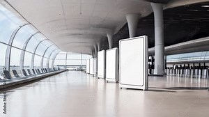 Blank billboard posters in the airport,Empty advertising billboard at aerodrome, public shopping center mall or business center high big advertisement board space blank mockup signboard generative ai
